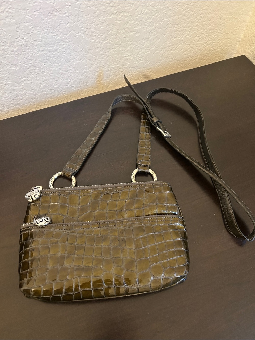 Brighton Olive Green Croc Embossed Patent Leather Crossbody Shoulder Bag